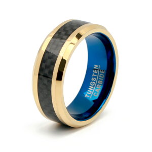 タングステン カーボン デザイン 幅8mm エッジカット ゴールド ブラック ブルー フラットバンド 金属アレルギー対応 ごつめ 専用BOX付属