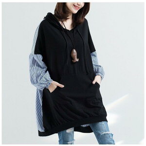 チュニック ワンピース レディース 春 大きいサイズ パーカー トップス フード付き 長袖 切り替え ロングTシャツ 秋 異素材ミックス 体型カバー 着痩せ