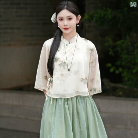 レディース 古風 中国風 婦人服 スタンドカラー プリント 漢服 ブラウス スカート