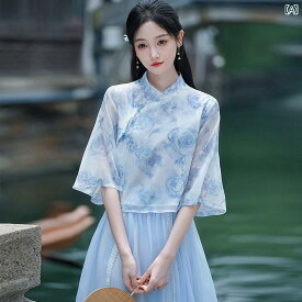 中国風 婦人服 禅茶芸服 レトロ 中華 漢服 ジャケット 唐 トップス スカート ブルー レディース ファッション