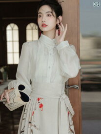 中国風 シャツ レディース スカート トップス 婦人服 シフォン 長袖 レトロ クラシック セットアップ ゆったり スタンドカラー