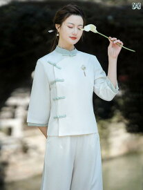 茶師服 チャイナドレス 中国風 禅 セットアップ レディース バックル ボタン グリーン オフホワイト ジャケット