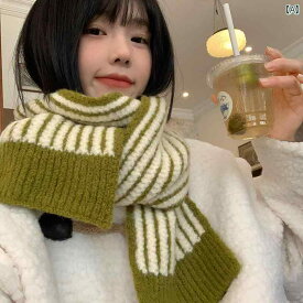 マフラー グリーン ストライプ スカーフ レディース ファッション 秋冬 韓国 ニット ウール 暖かい 厚手 学生 カップル