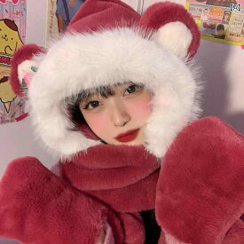 いちご 熊帽子 スカーフ オールインワン 帽子 レディース 冬 韓国 かわいい 厚手 暖かい ぬいぐるみ スカーフ 手袋3点セット くま耳 ファー付き