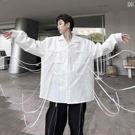 メンズ トップス 韓国 秋 レトロ カジュアル ワークウェア 長袖シャツ ゆったり 個性的 アウター ボタンシャツ ホワイト ブラック