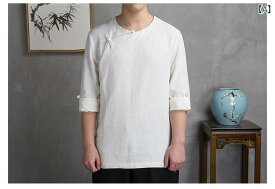 チャイナ風 メンズ リネン 七分袖 Tシャツ レトロ 唐装 漢服 大きいサイズ エスニック 綿 リネン プレート ボタントップス
