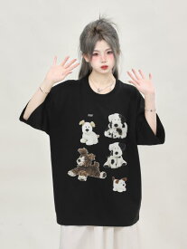 レディース レトロ シック かわいい 子犬 プリント 半袖 Tシャツ 夏 5分袖 トップス ラウンドネック