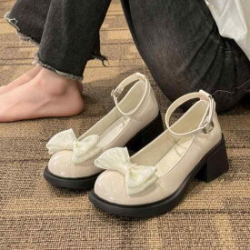 レディース パンプス シューズ ラウンドトゥ リボン ワンタッチバックル 韓国 革靴 太いヒール 女性用 靴
