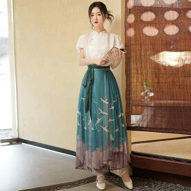 レディース ファッション カジュアル 婦人服 中国 夏 唐 チャイナ風 シャツ 馬面 スカート スタンドカラー トップス