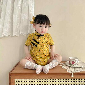 ベビー 服 夏 女の子 赤ちゃん チャイナ風 チャイナ ドレス プリンセス クロール スーツ 1歳 半袖 イエロー かわいい
