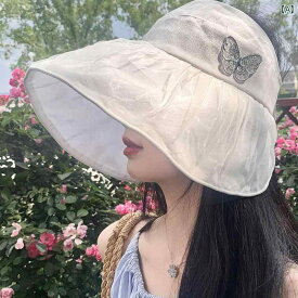 バタフライ メッシュ サンハット 女性用 夏 薄型 通気性 つば 広 防紫外線 日よけ 帽子 折りたたみ