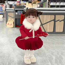 女の子 新年 挨拶 服 冬 重厚 ドレス 赤い プリンセス 女の子 赤ちゃん 冬 ランタン レッド 襟 ファー 冬 かわいい