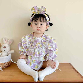 ベビー 服 おしゃれ レース 長袖 プリンセス 1歳 ロンパース 花柄 春秋 パープル リボン かわいい