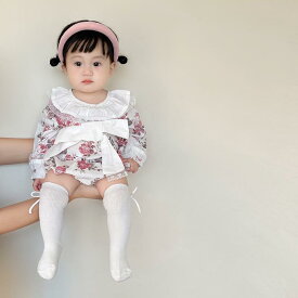 女の子 赤ちゃん 秋服 花 ジャンプ スーツ 蓮の葉 襟 長袖 ベビー プリンセス クロール リボン 花柄 かわいい