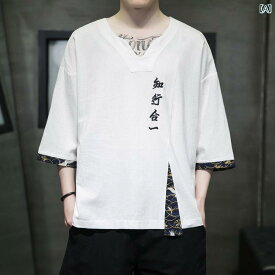 レトロ 刺繍 唐装 漢服 メンズ チャイナ風 夏 薄手 綿 リネン 半袖 T シャツ 大きいサイズ中 袖 T シャツ