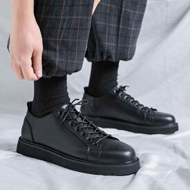革靴 メンズ 革 韓国 英国風 身長アップ 黒 カジュアルスニーカー 柔らかいソール 万能 ブーツ ローカット ミディアムヒール ラウンドトゥ