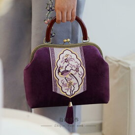 ハンドバッグ おしゃれ レディース バッグ 中国 レトロ 木製 ハンドル ベルベット エレガント フェニックス 刺繍 ピース ママ ファッション