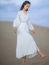 レディース 婦人服 ワンピース ドレス 文学的 レトロ 牧歌的 エスニック シフォン 白 夏 旅行 ホワイト