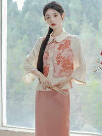 レディース スカート シャツ ベスト 文学的 レトロ 牧歌的 秋 中国 ピンク ホワイト