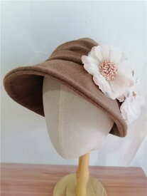 ブラウン フラワー フェルト エレガント レディース ファッション 帽子 オールシーズン 暖かい ベイスン フィッシャーマン ハット