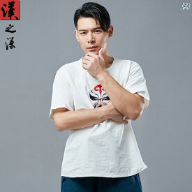 チャイナ風 メンズ 半袖 Tシャツ 綿 リネン 夏 刺繍 フェイシャル メイク メンズ 中国 レトロ カジュアル ラウンドネック Tシャツ 薄手