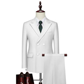 メンズ 白 英国風 スリム ダブルブレスト スーツ ノーアイロン シワ防止 ビジネス パーティー ウェディング 紳士服