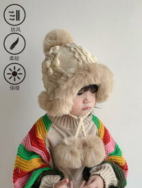 キッズ ベビー 帽子 秋冬用 子供用 帽子 暖かい ベルベット 女の子 韓国 ニット ウール帽子 韓国 ファーボール プルオーバー ベビー 耳 帽子