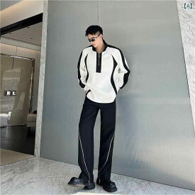 春秋 ファッション 黒 白 カラーマッチング 金属 スタッズ装飾 カジュアル スタンドカラー スウェットシャツ ストリート ファッション