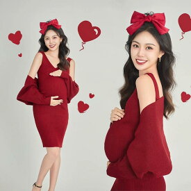 マタニティ フォト 衣装 妊婦 ファッション 服 写真 撮影 アート 小道具 レトロ フォトスタジオ 衣装 かわいい おしゃれ 韓国 ニット ショール セット