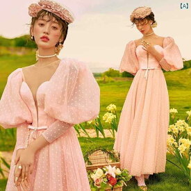 ワンピース レディース おしゃれ かわいい 写真 スタジオ 旅行 ピンク ウェディング フレンチ レトロ ガーゼ スカート フリーサイズ