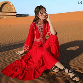 ドレス ワンピース レディース おしゃれ ファッション エスニック砂漠 旅行 赤 刺繍 ロング スカート チャカ ビーチ 女性 スリム 夏 ラウンドネック