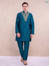 インド 伝統的 エスニック シルクコットン 通気性 民族 衣類 ミドル丈 薄手 長袖 刺繍 ファション メンズスーツ 5 色 春