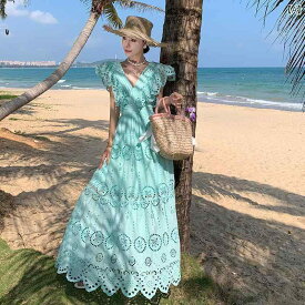 リゾート ワンピース サマー レディース ハワイ 沖縄 休日 海辺 写真撮影 Vネック ハイウエスト プルオーバー フリル ロング スカート ドレス