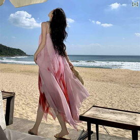 リゾート ワンピース レディース ハワイ 沖縄 休日 海辺 写真撮影 サマー ワンワードカラー ゆったりウエスト プルオーバー ノースリーブ ロング スカート ドレス