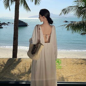 リゾート ワンピース レディース ハワイ 沖縄 休日 海辺 写真撮影 サマー シフォン ラウンドネック ゆったりウエスト プルオーバー ロング スカート ドレス