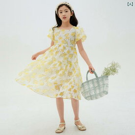 女の子 ワンピース キッズ ファッション 子供服 おしゃれ かわいい ドレス 韓国 夏 オーガンザ スクエアネック プリンセス ポリエステル イエロー 花柄