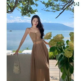 リゾート ワンピース レディース ハワイ 沖縄 休日 海辺 写真撮影 サマー シフォン プルオーバー 通勤 ノースリーブ シャーリング ロング スカート ドレス