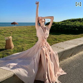 リゾート ワンピース レディース ハワイ 沖縄 休日 海辺 写真撮影 サマー シフォン Vネック プルオーバー ノースリーブ フリル ロング スカート ドレス