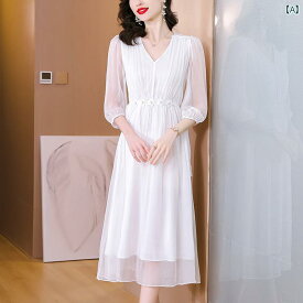 レディース 婦人服 白い ドレス ハイエンド 夏 的 大きいサイズ 七分袖 桑 絹 シフォン ミモレ丈 ファッション 体型カバー ワンピース