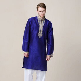 インド メンズ 伝統的 ファッション 本格 民族 衣装 2点 セット カンフー ヨガ サファイア ブルー 新 刺繍 ゴージャス ミドル丈 トップス パンツ