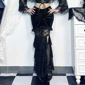 レディース ゴスロリ サブカル ファッション 女性用 ゴシック 黒 ブラック マーメイド スカート サブカルチャー レース ロング丈
