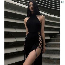 レディース ゴスロリ サブカル ファッション 女性用 ロリータ 魅惑的 黒 ナイトクラブ サブカルチャー レースアップ ロング ゴシック ドレス ワンピース 個性的