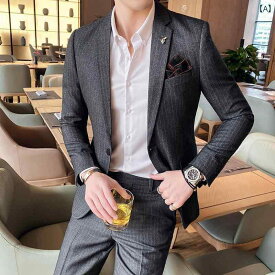 メンズ スーツ 春 ストライプ カジュアル 男性 ビジネス ツーピースセット シングルブレスト 長袖 紳士服