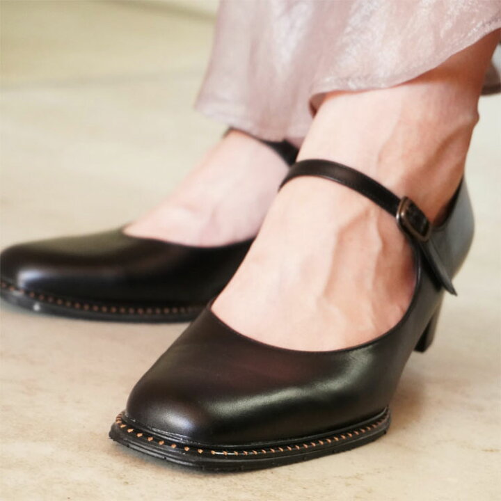 楽天市場】クラシカル ストラップパンプス 黒 ブラック コバ付き 5cm 