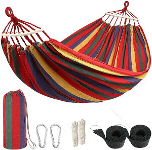 ハンモック 2人用 1色 コットン 大きめ 耐荷重150kg 収納袋付き アウトドア キャンプ バーベキュー コンパクト ロープ付き キャンバス材質 クイックビルドハンモック 2本の強力なカラビナと290