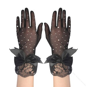 可愛い レディース手袋 ショートグローブ ドレス手袋 リボン付き きらきら輝く おしゃれレース手袋 パーティー ダンス用 グラブ 演出用 結婚式 花嫁用品 ファッション小物 アクセサリー 黒