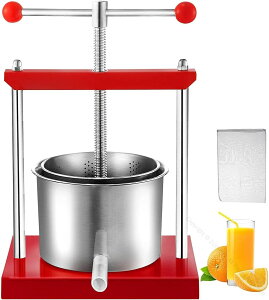 手動プレス 蜂蜜圧搾機 脱水機 ステンレス鋼 野菜詰め物絞り器 ジュース サイダー ワイン オリーブオイル用 滑り止め赤シリコンハンドル 大容量5.5Lタイプ