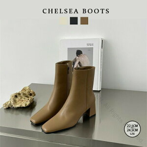 22.5CM-24.5CM ブーツ レディース ショート ストレッチ スクエアトゥ チャンキーヒール ハイヒール レザーブーツ サイドジッパー 大きいサイズ レザー 歩きやすい 疲れない ヒール ファスナー