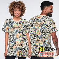 ZUMBA ズンバ 正規品 ウェア ユニセックス Tシャツ 半袖 総柄 ロゴ カラフル ヒョウ柄 クルーネック 丸首…