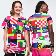 ZUMBA ズンバ 正規品 ウェア ユニセックス Tシャツ 半袖 国旗 総柄 丸首 ロゴ カラフル トップス エクサ…